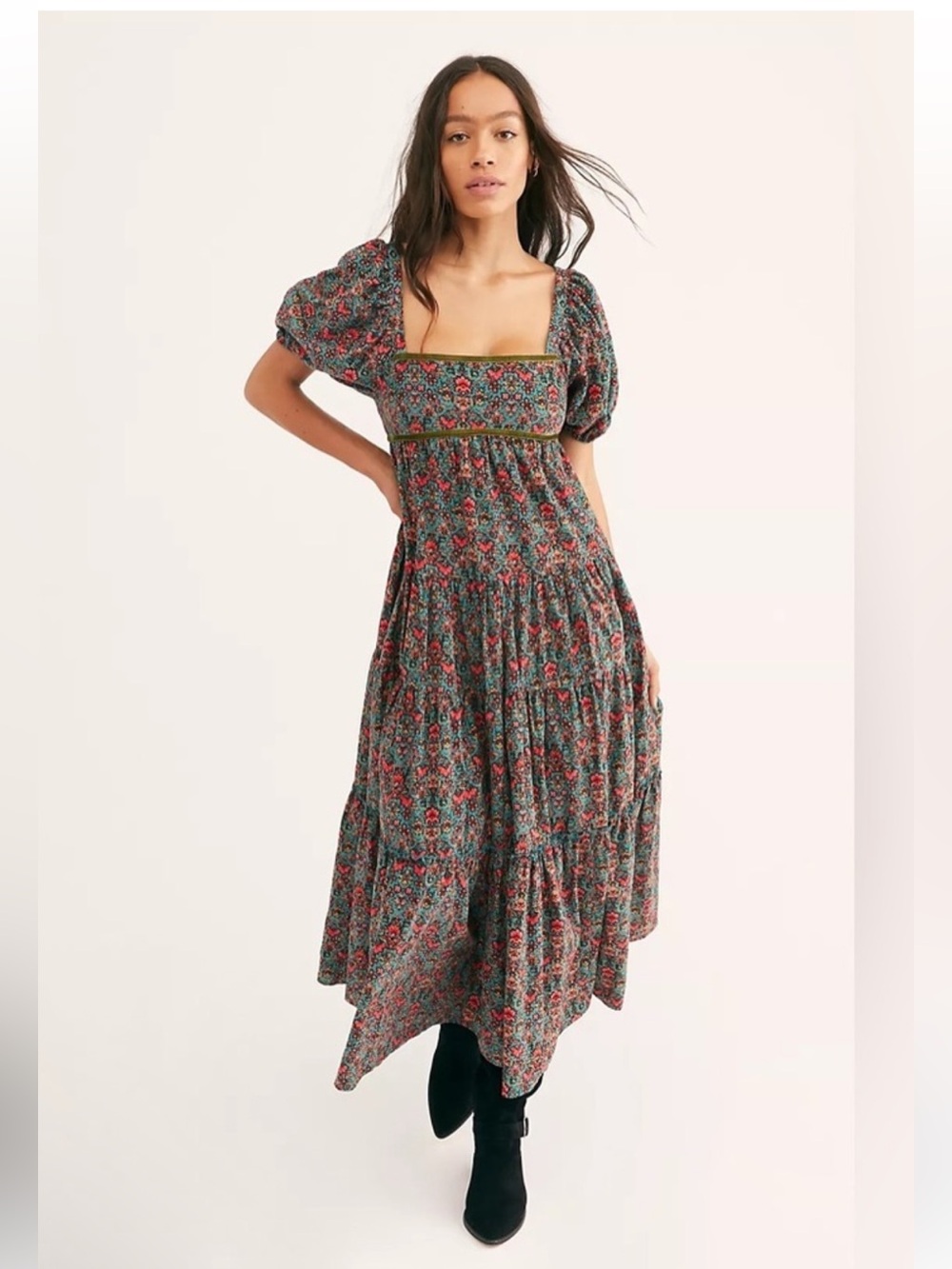 Free People Ashley Babydoll Tiered Maxi Dress Size Small Floral Velvet Ribbon